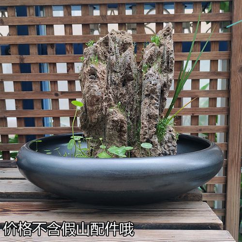景德镇陶瓷浅花盆纯黑色多肉植物盆栽假山吸水石造景盆景特价包邮