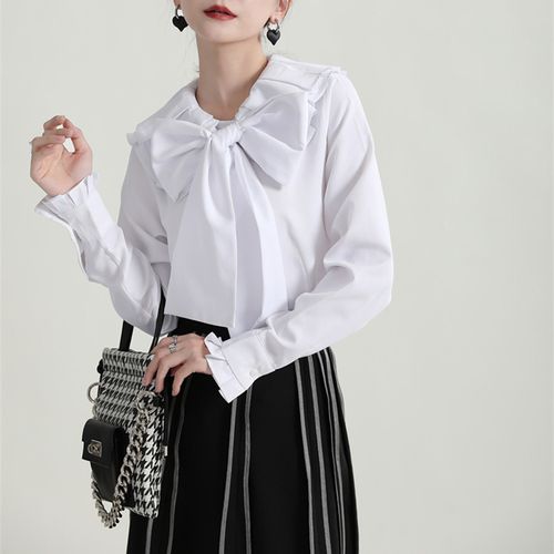 秋季新款宫廷风复古白色褶皱大蝴蝶结荷叶边领子衬衫日系通勤上衣