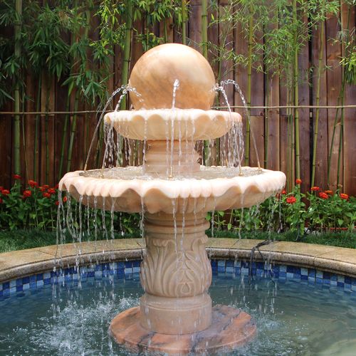 大理石风水球水池落地石雕喷泉水景造景摆件花园装饰晚霞红水钵