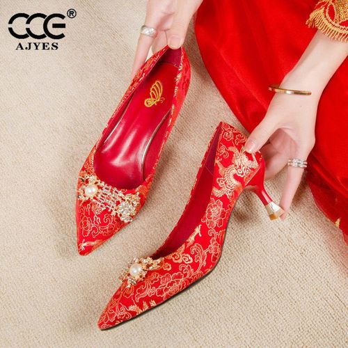 【精品】aj yes cce品牌轻奢高端红色婚鞋女细跟高跟鞋秀禾中式伴娘鞋
