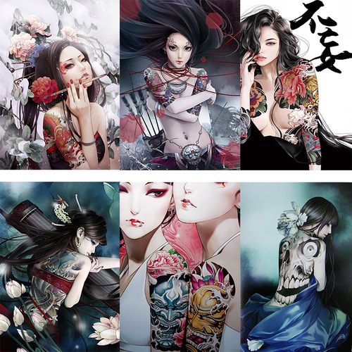 纹身店壁纸背景墙壁画艺术美女刺青墙纸工作室主题墙布理发纹绣店