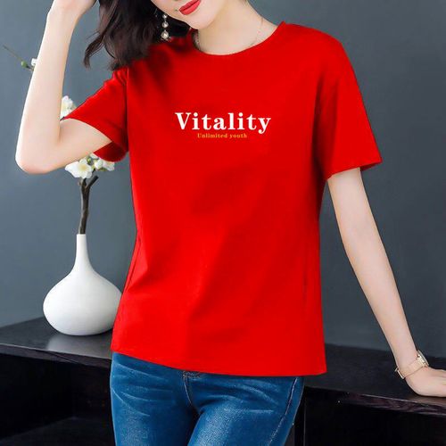 短袖t恤女宽松款夏季韩版圆领女装汗衫半袖上衣潮t 红色【vitality】
