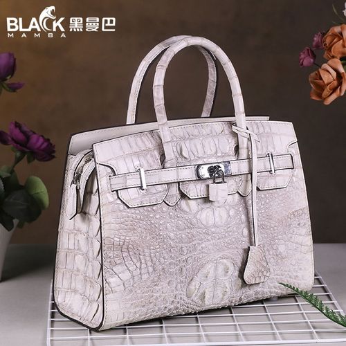 黑曼巴鳄鱼皮喜马拉雅白改版拉链铂金包女士手提包真皮气质高档