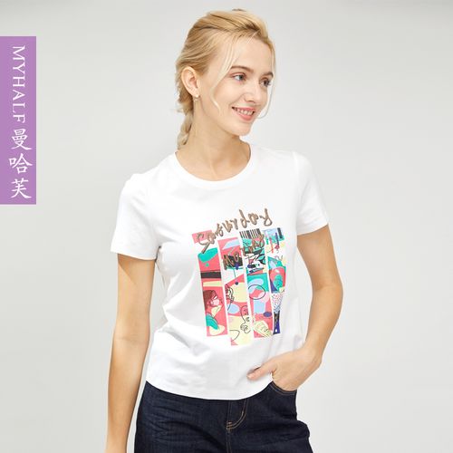 曼哈芙品牌女装2021夏装新款纯棉短袖女白色t恤修身上衣森女减龄