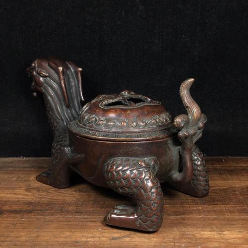 【皇室流传】纯铜老红铜龙龟狮首盖熏盘香炉茶道用品居家收藏摆件