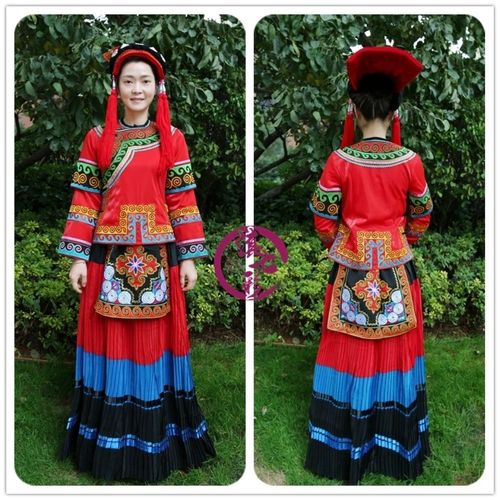 新款圆领彝族女装 长袖绣花黑彝民族服装 长裙凉山彝族火把节服饰