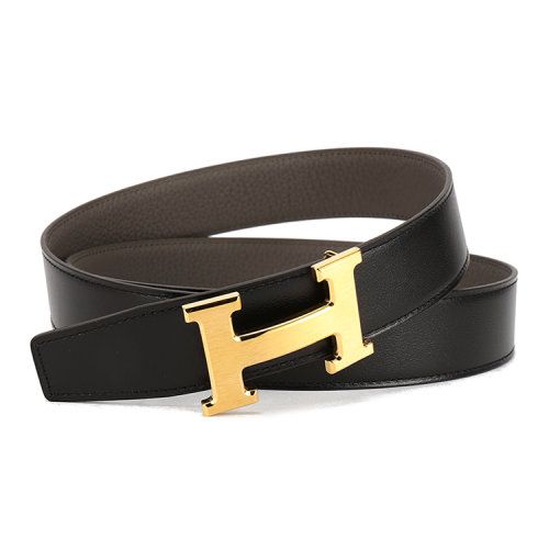 爱马仕 男士黑/灰色双面皮质均可佩戴 32mm金色拉丝h扣腰带 皮带 90