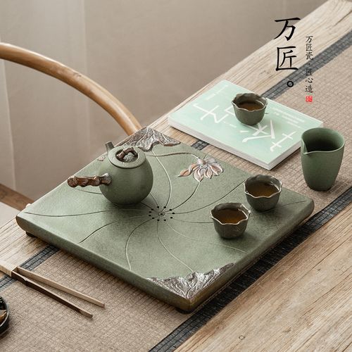 日式粗陶干泡茶盘创意复古家用储水排水陶瓷小茶盘茶海排储水茶台