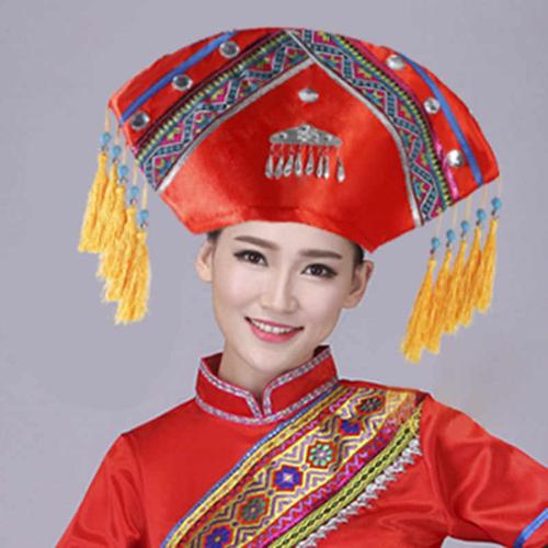 少数民族女演出服壮族头饰品苗族侗族帽子银白色t恤2016年秋季