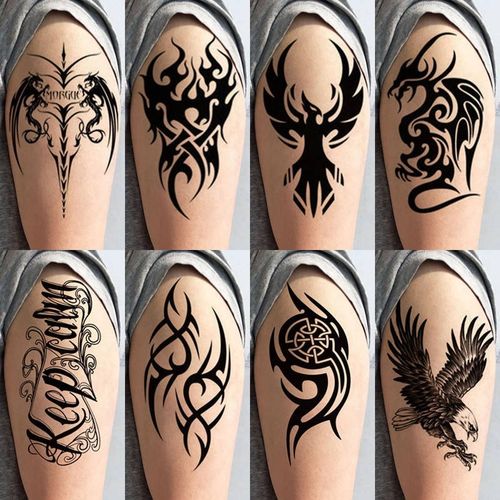 纹身贴防水男持久半臂图腾仿真套装小手臂黑白火焰龙老鹰刺青贴纸