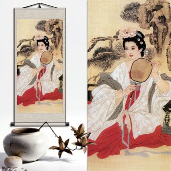 孜一 古典美女人物工笔画仕女图茶楼会所装饰画卧室卷轴挂画美人画 桔