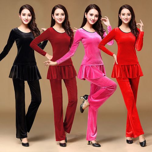 新款金丝绒广场舞服装套装中老年秋冬款酒红长袖上衣跳舞女舞蹈服【4