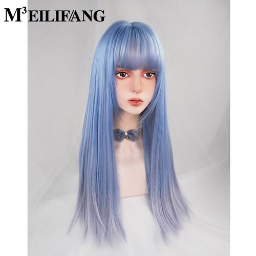 lolita假发女全头套网红同款渐变发色蓝色挑染银灰女团彩色长直发