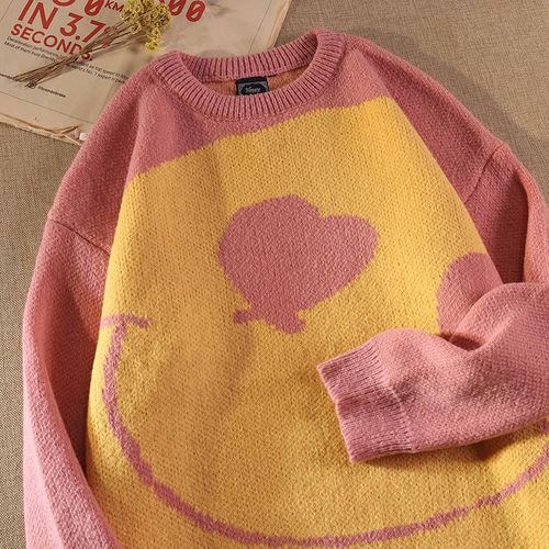 日系复古爱心笑脸毛衣女早秋韩版宽松外穿慵懒风over