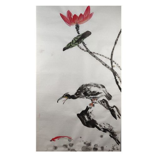 纯手绘国画荷花鱼鹰鱼无框宣纸三尺100×50cm客厅玄关装饰画