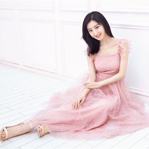 夏季新款连衣裙景甜明星网红同款粉色修身网纱小礼服