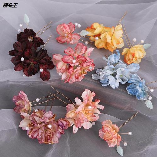 古风绢花头饰 绣花小发钗汉服发饰 花朵发簪u钗儿童头钗古装配饰