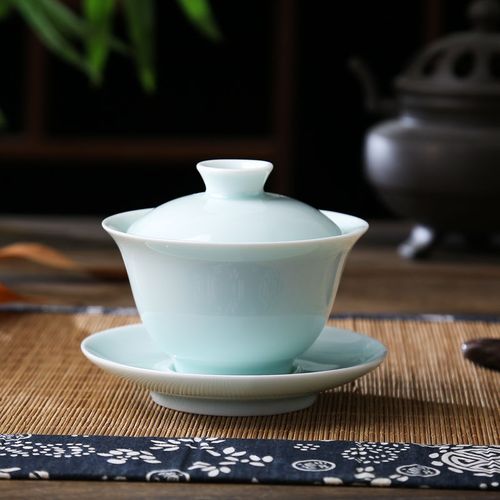 透光手制青瓷三才盖碗 陶瓷功夫茶具敬茶碗杯大号影青瓷透光茶碗