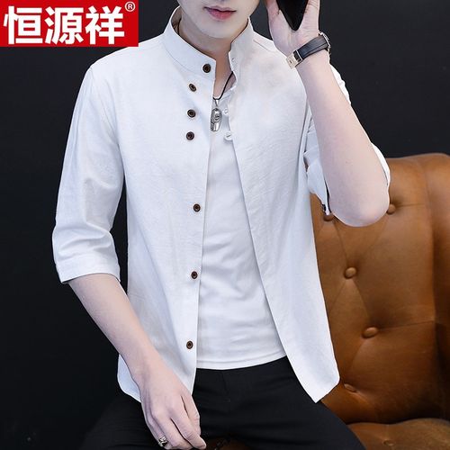 衬衫男夏季短袖白色圆领纯棉衬衣青年潮流设计感韩版修身长衣袖外套