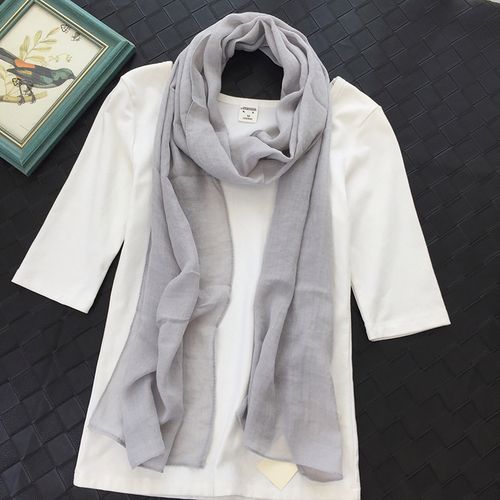 围巾女夏天薄细窄长条纯色棉麻春秋韩版百搭丝巾装饰护颈围脖灰色