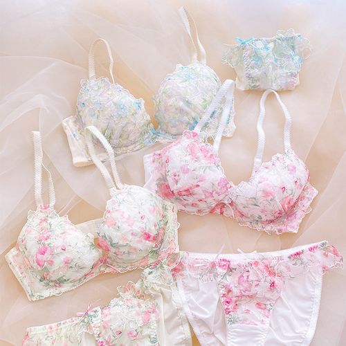 日系聚拢可爱薄款夏季女性少女花朵大杯内衣套装胸罩文胸内衣内裤