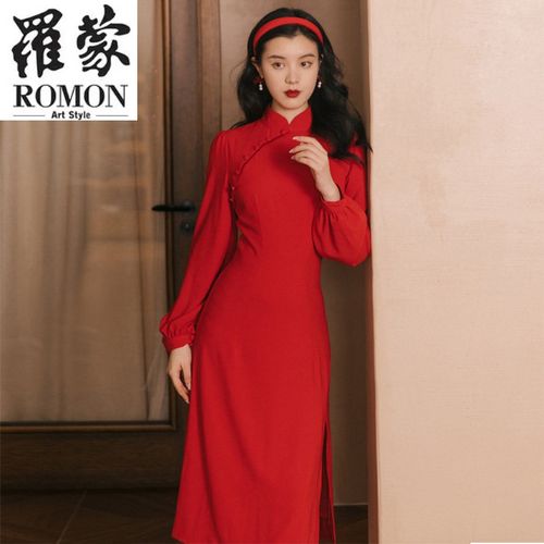 春款女装新款红色改良旗袍红色连衣裙小红裙子高档轻奢时尚明星同款