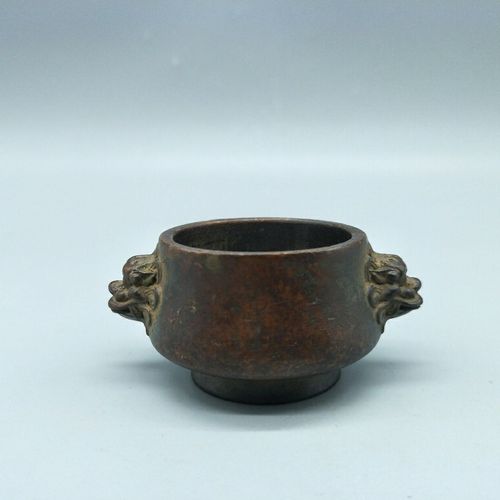 大明宣德炉双狮头小香炉古代老铜器复古香炉家用供奉插香古玩古董