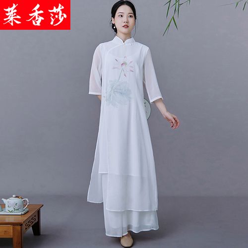 中国风唐装女汉服茶艺服装古风女装禅服茶服改良旗袍连衣裙两件套