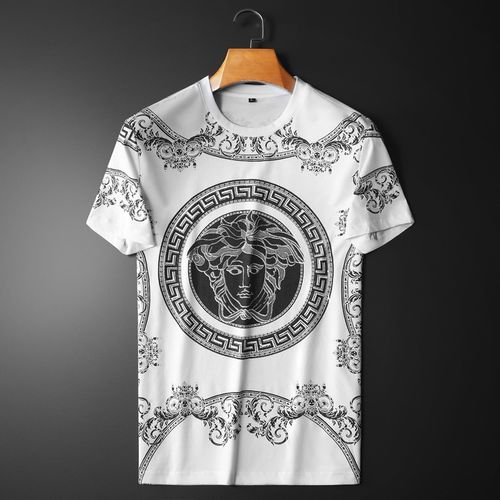 2022夏季新款男士瓦萨琪烫钻短袖t恤时尚修身丝光棉印花男打底衫