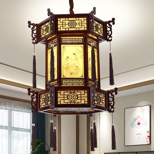 中式仿古实木吊灯别墅寺庙祠堂长廊凉亭古风建筑工程六角灯笼宫灯