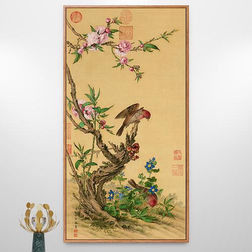 桃花双雀图郎世宁装饰画新中式走廊过道竖版挂画花鸟画国画中国风