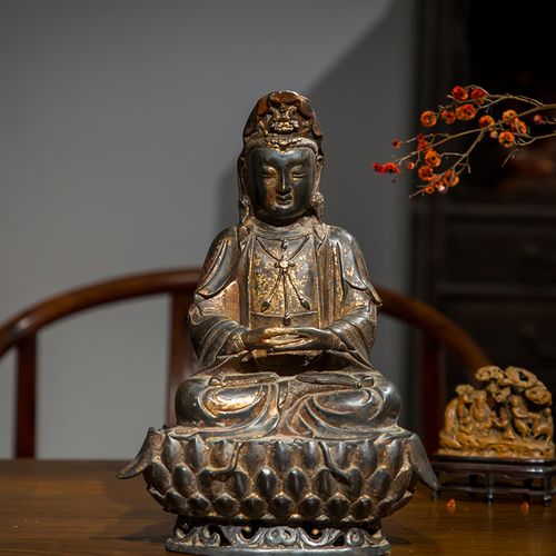 yaran culture 清代铜鎏金观音菩萨坐像文玩古董收藏