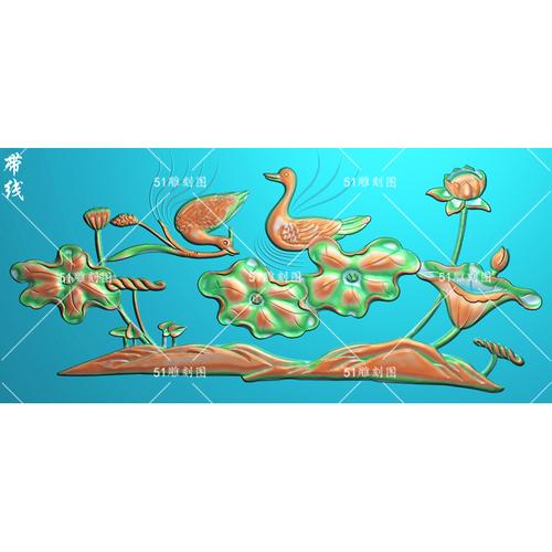 精雕图jdp荷叶木雕灰度图bmp花草浮雕雕刻hh-195石雕荷花鸳鸯横屏