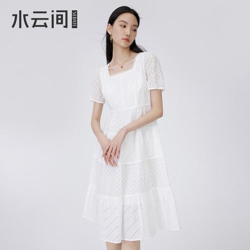 【商场同款】水云间中长裙夏季短袖方领连衣裙女镂空减龄白色裙子