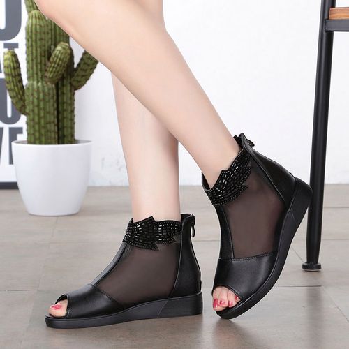 真皮平底软底鱼嘴网鞋女凉鞋网纱镂空凉靴时尚舒适大码女士皮鞋夏