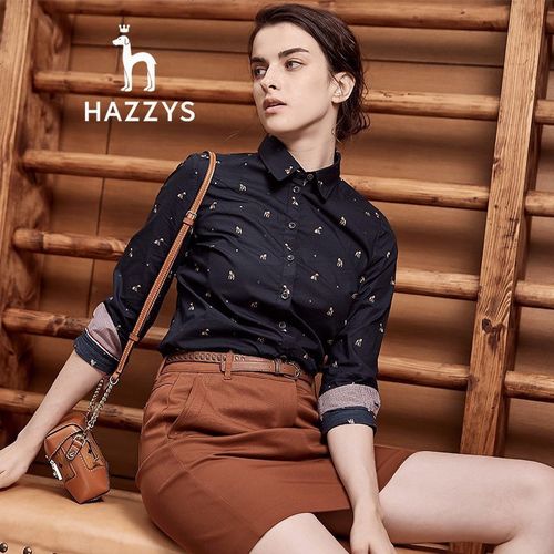 哈吉斯hazzys 秋季新款女装满身绣方领长袖衬衫职业长袖衬衣ascsk18c