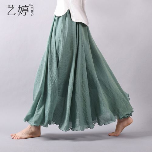 2021春款文艺复古棉麻半身裙汉服长裙高腰长款亚麻大摆裙百褶裙女
