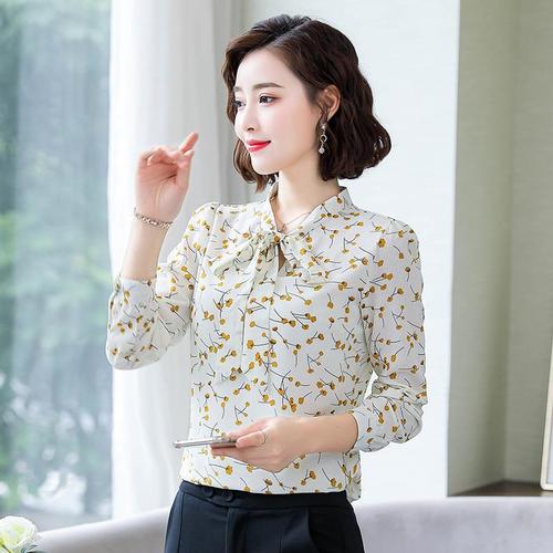 小碎花衬衫女长袖2020春装新款蝴蝶结宽松洋气雪纺衫衬衣上衣飘带