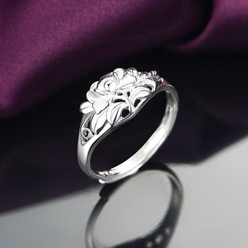 纯银戒指女足银990银戒指新款花开富贵玫瑰花戒指时尚简约