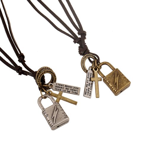 厂家直销欧美外贸项链 庞克新款牛皮项链 合金长命锁