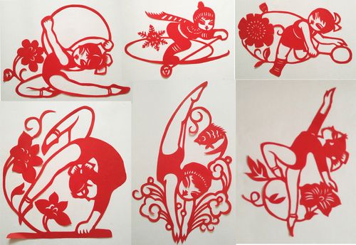 体操运动人物剪纸纯手工学生儿童剪纸双面红宣纸一套6张中国特色