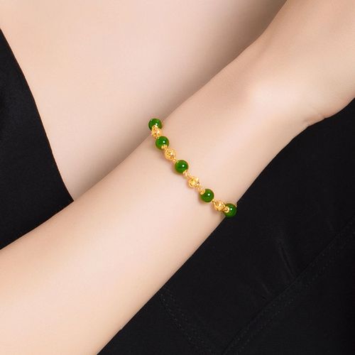 金镶玉黄金手链女3d硬金和田玉菠菜绿碧玉转运珠纯金999足金新款