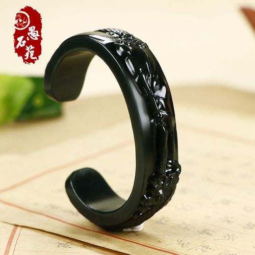 愚石苑新疆和田玉手镯墨玉手镯天然塔青玉雕花工艺玉石镯子75克