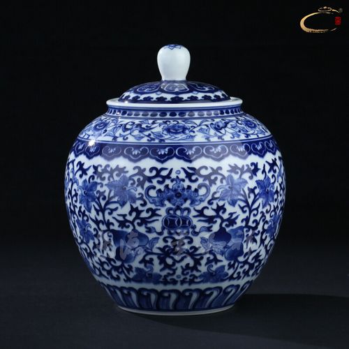 贵和祥手绘青花瓷 福寿莲年茶叶罐 景德镇手工陶罐茶叶包装礼品罐