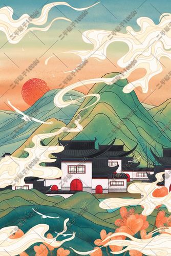 手绘中式传统插画日落古风建筑武汉中国风深山海报psd设计素材