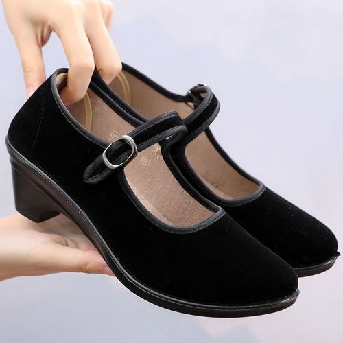 赛格旗舰店老北京黑方口布鞋女时尚款一带高跟平绒女鞋牛筋底有跟