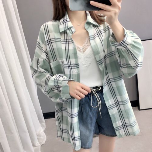 新款很仙的格子衬衫女夏薄荷绿小清新上衣薄款百搭防晒长袖外套女