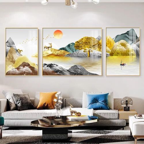 客厅装饰画现代简约沙发背景墙麋鹿挂画背靠金山旺宅招财山水壁画