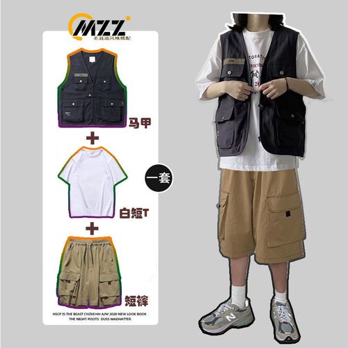日系机能工装马甲男宽松潮牌多口袋短袖t恤男短裤子套装搭配一套