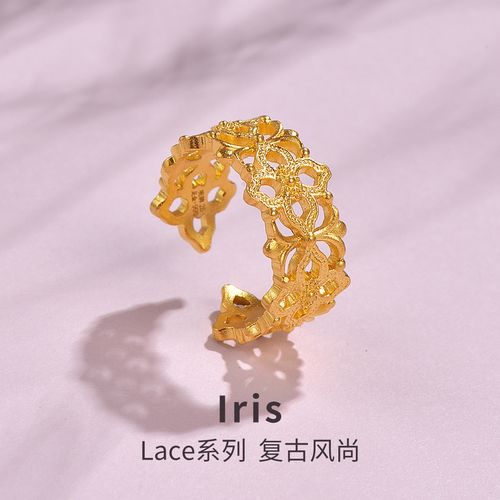 明牌珠宝5g优艺金戒指 黄金开口女戒复古花纹足金婚嫁戒指